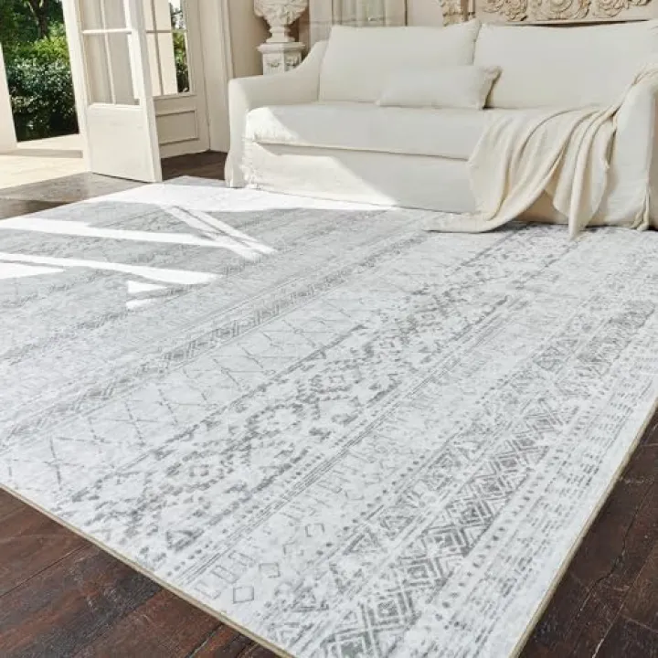 Area Rugs for Living Room - 5x7 Machine Washable Boho Moroccan Rug Distressed Neutral Carpet Non Slip Soft Indoor Rug for Bedroom Dining Room Playroom Office