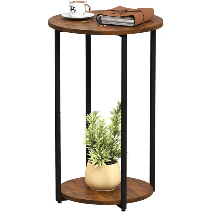 Round Side Table, Small End Table with Storage Shelf, Accent Table for Living Room, Bedroom and Small Spaces, Metal Frame, Rustic Brown & Black, 15.75" Dia x 25.4" H