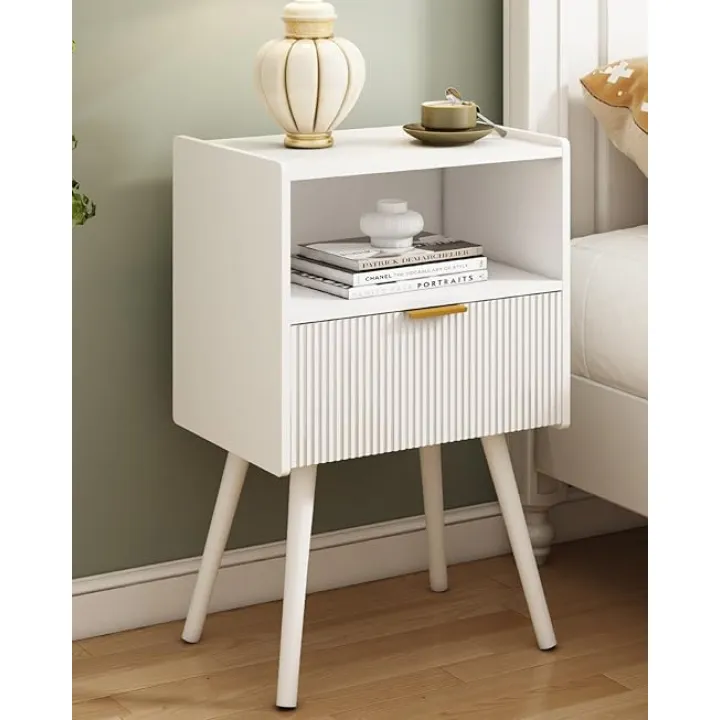 White Nightstand,Modern Bedside Table with Storage Drawer and Open Wood Shelf, for Living Room, Bedroom and Small Spaces, Accent Night Stand with Solid Wood Legs, Easy Assembly,Classic White