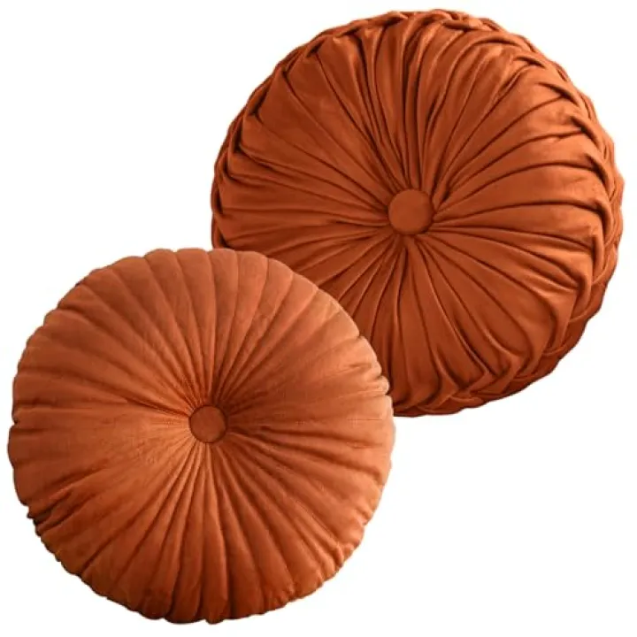 Teieas 2 Pcs Round Throw Pillows Pleated Velvet Pumpkin Round Pillows Floor Cushion for Living Room Couch Chair Bed Sofa 15.7"x15.7"/13.8" x 13.8" (Orange)