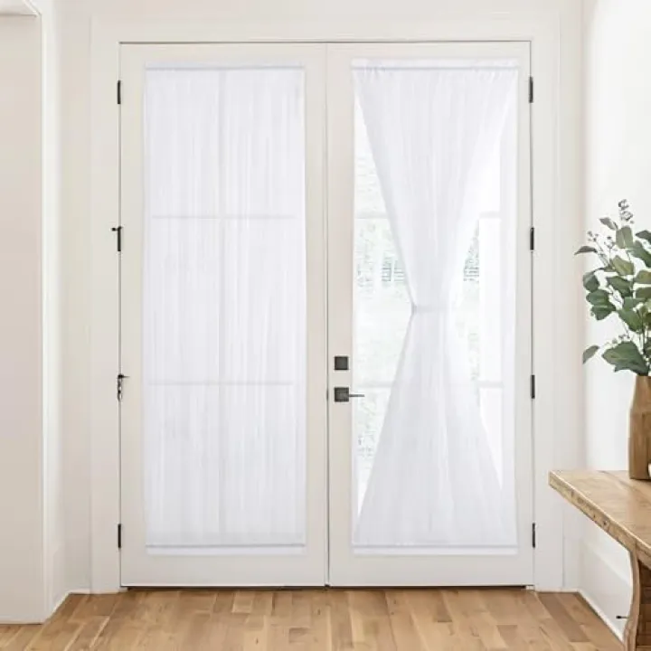 RYB HOME French Door Sheer Curtains, Light-Filtering Privacy Drapes with Tieback for Front Door, Top and Bottom Rod Pocket Sidelight Drapes with 2 Layers, White, W26 x L80