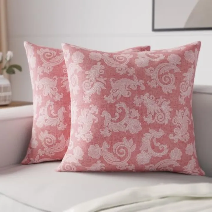 Encasa XO Chambray Cotton Floral Throw Pillow Covers | Red (Set of 2) I 16"x16" (40x40 cm) I Covers Only, No Insert I Decorative Floral Square Pillowcase I Machine Washable