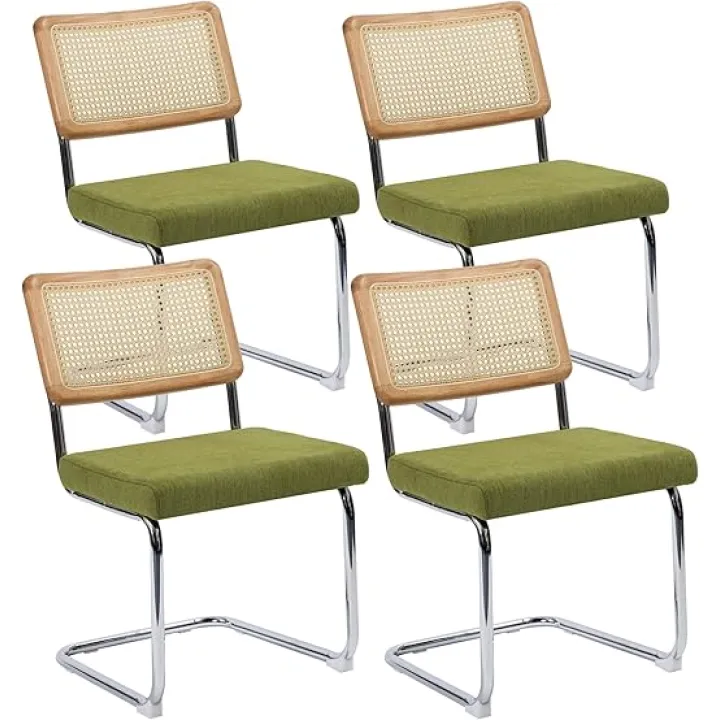 Modern Cesca Cane Dining Chairs, Set of 4, Handwoven Rattan Cane Back, Chrome Base, Upholstered Cotton Seat, Ideal for Kitchen or Dining Room, Green