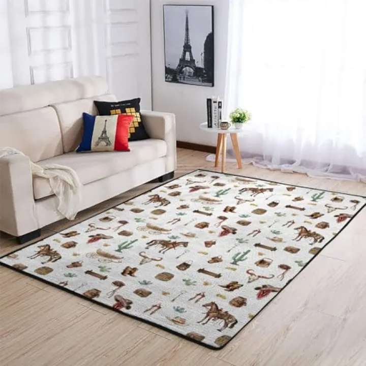 Western Cowboy Area Rugs Cowboy Hat Boots Coins Cactus Goat Skull Horse Throw Carpets Baby Cowboy Nursery Bedding Decor Rugs Floor Mat for Bedroom Living Room Bathroom Kitchen Playmats 20x32inch