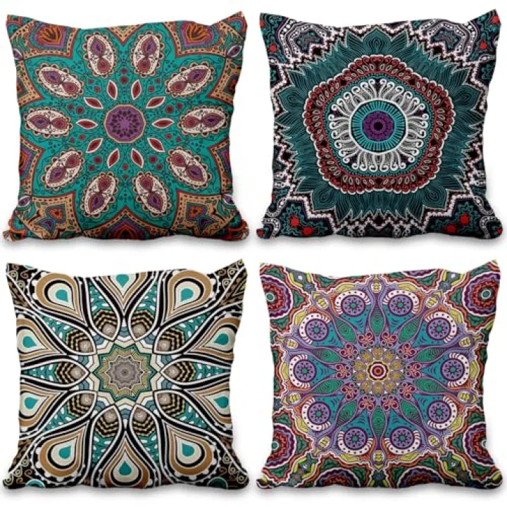 Vie Savaran 4 Pcs/Set Ethnic Throw Pillow Covers Abstract Boho Floral Plants Vintage Flower Nature Elements Vibrant Watercolor Linen Pillow Case for Sofa Couch Living Room Decorative, 16"x16"