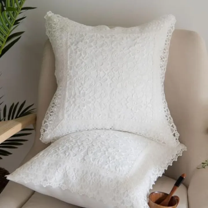 Minoki Embroidery Lace Throw Pillow Covers Luxury Elegant Farmhouse Square Shabby Cushion Covers, Chic Floral Pillow Case Rustic Style, 18”X18”, Set of 2,White