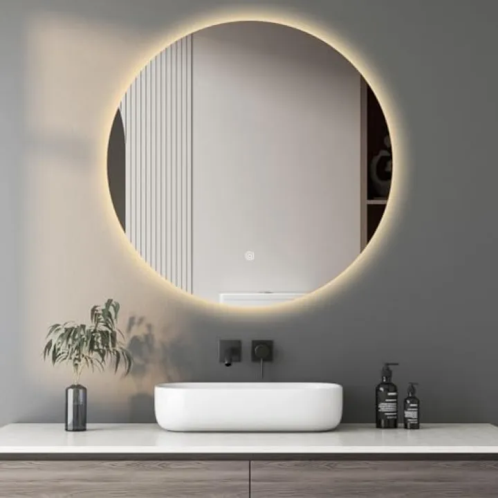 Niccy Round LED Bathroom Mirrors with Light, 28" Backlit Makeup Mirror for Bathroom, Frameless Circle Smart Vanity Mirror with 3 Color Lights, Anti-Fog, Smart Touch Button, Shatter-Proof