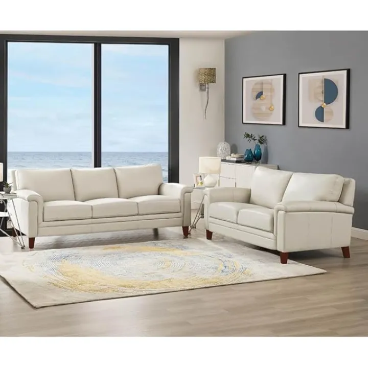 Hydeline Westcott Top Grain Leather Sofa and Loveseat Set, Vanilla White, Memory Foam and Pocket Coils