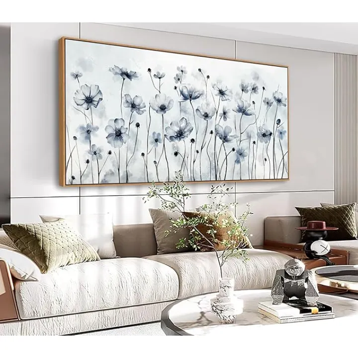 VEAEE Framed Flowers Canvas Wall Art - Indigo Floral Canvas Pictures, Living Room Wall Decor, Botanical Canvas Prints Painting Abstract Artwork Bedroom Office Home Decor 29"x58"