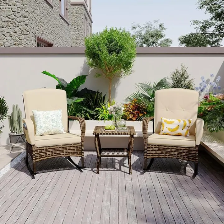 MAXPRIME 3 Pieces Outdoor Wicker Rocking Chairs, Patio Rocking Chairs Set of 2 with Cushions, 3 Piece Patio Set, Outdoor Patio Furniture for Porch, Backyard, Bistro, Beige