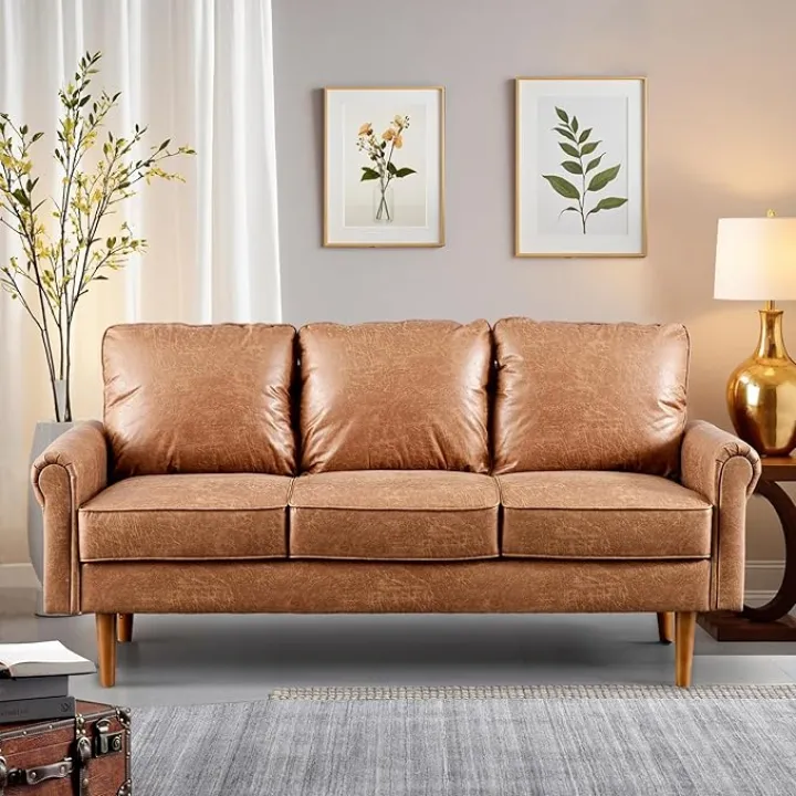 ovios 73.6" Luxury Sofa Couch, 3-Seater Comfy Suede Faux Leather Sofas Couches, Mid-Century Modern Neutral Deep Seat Small Cloud Sofa for Living Room Office, Brown