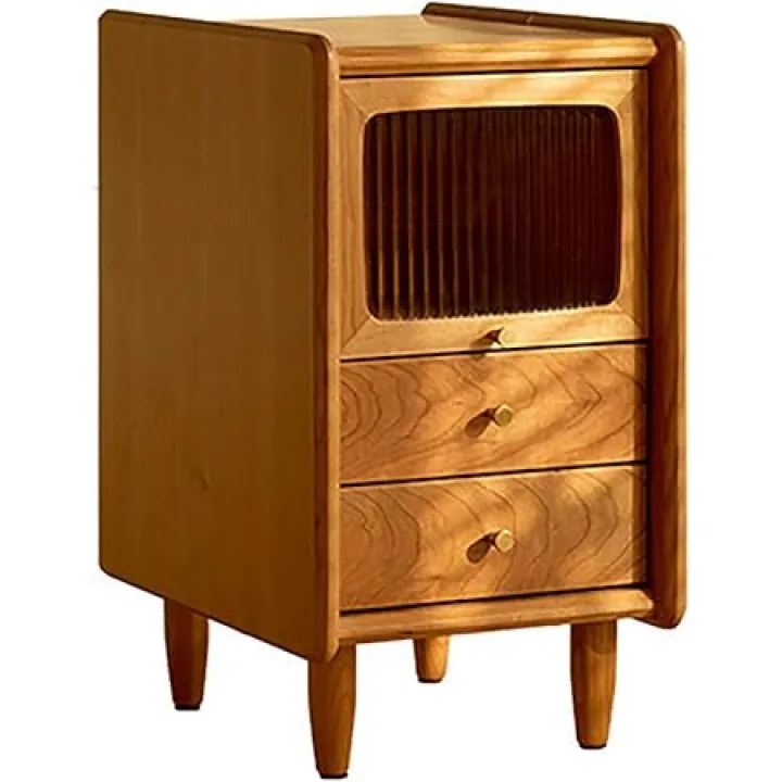 Solid Wood Bedside Table Nightstands, Mid-Century Natural Oak Modern End Table with Drawers Vintage Aesthetic Durable Real Wooden Cabinet Organizer for Bedroom Light Walnut Color