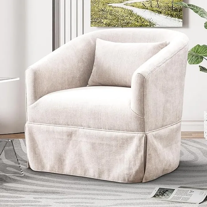 Swivel Accent Chair, Comfy Modern Barrel Chair with Skirt for Bedroom, 360°Upholstered Chenille Small Single Club Chair for Living Room Nursery Lounge Compact Space, Beige