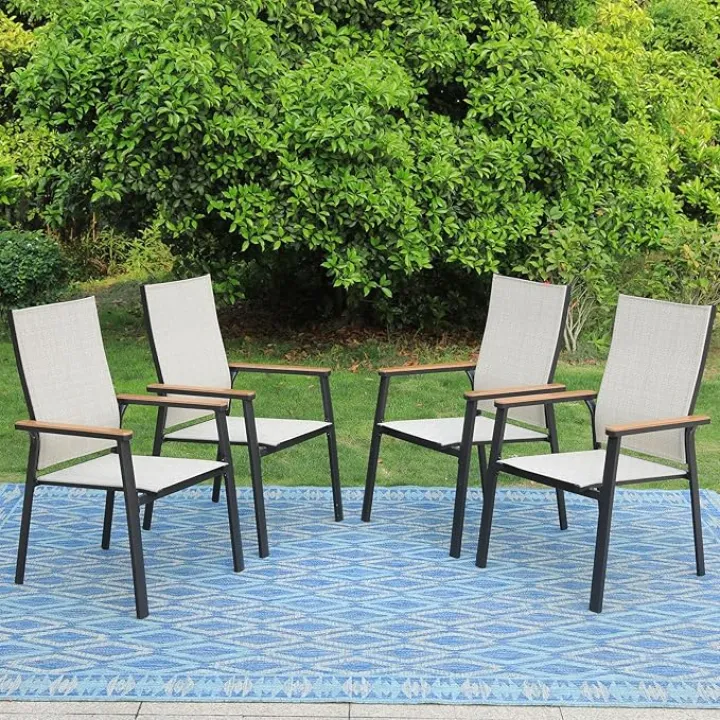 PHI VILLA Outdoor Stackable Dining Chairs Set of 4（Beige,Lightweight Aluminum Frame with Textilene Fabric & Wider Armrest,Easy to Store,Patio Chairs for Garden,Lawn