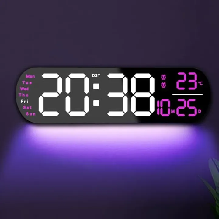 YUANRANER 13.7" Large Digital Wall Clock – Remote Control, Dual Alarm, Big LED Display, Auto-Dimming, RGB Night Light, Auto DST – Bedroom, Living Room, Office, Purple