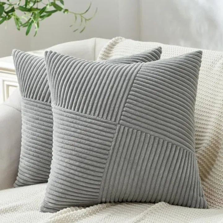 Topfinel 24x24 inches Euro Pillow Shams Set of 2 Grey Corduroy Decorative Throw Pillow Covers for Bedroom Living Room, Windmill Textured Striped Patchwork Couch Pillow Covers 60x60 cm