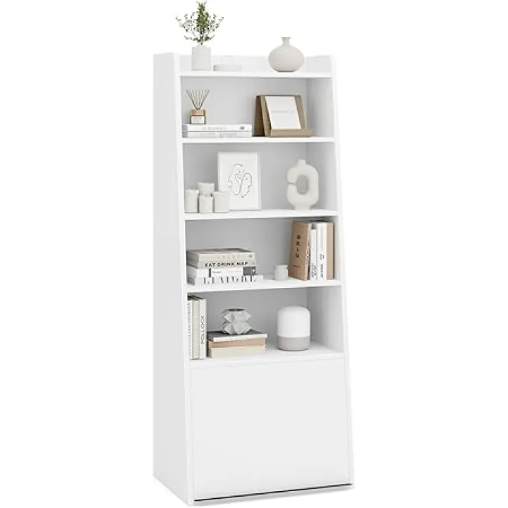 Giantex 6-Tier Bookcase, Freestanding Ladder Bookshelf with 2 Adjustable Shelves & Flip Up Door, Multifunctional Display Stand with Anti-Tipping Kit for Living Room Bedroom Home Office, White