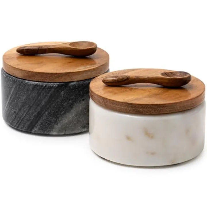 Cork & Mill Marble Salt and Pepper Bowls - Set of 2 Handcrafted White/Grey Solid Marble Salt and Pepper Cellars with Lids and Spoons - Elegant Containers for Countertop or Table