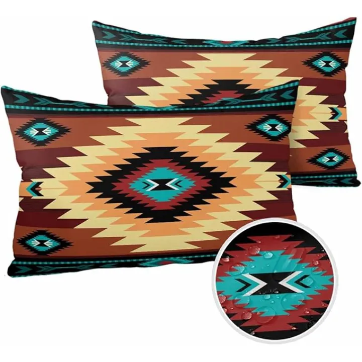 Teal Brown Yellow Southwest Outdoor Waterproof Pillow Covers, Western Geometric Abstract Ethnic Decorative Rectangle Throw Pillowcase Sofa Cushion Sham for Patio/Couch/Chair, 20"x12" 2 Pack