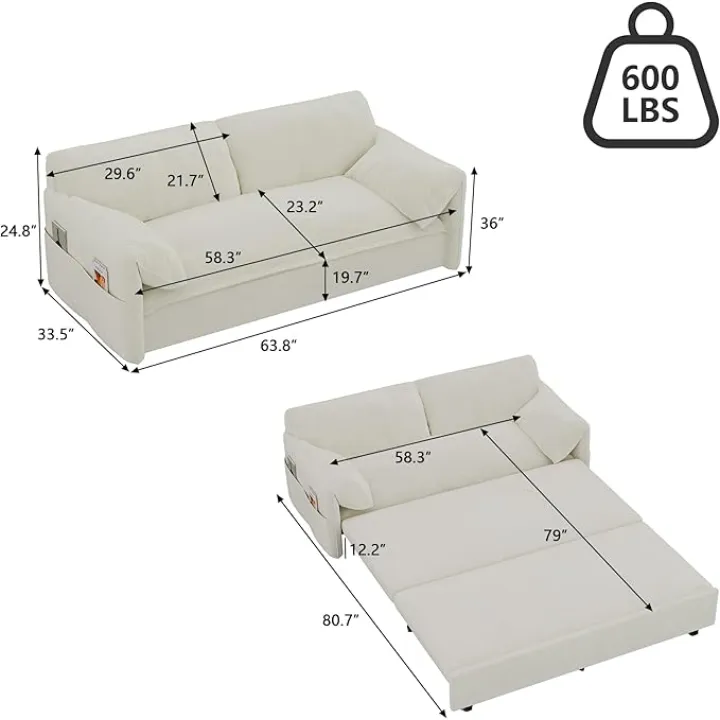 GNIXUU 63.8" Queen Pull Out Sofa Bed, Velvet Convertible Sleeper Sofa Couch with Side Storage, Comfy Cloud Futon Bed Pull Out Couch for Living Room, Apartment, Small Space(Beige)