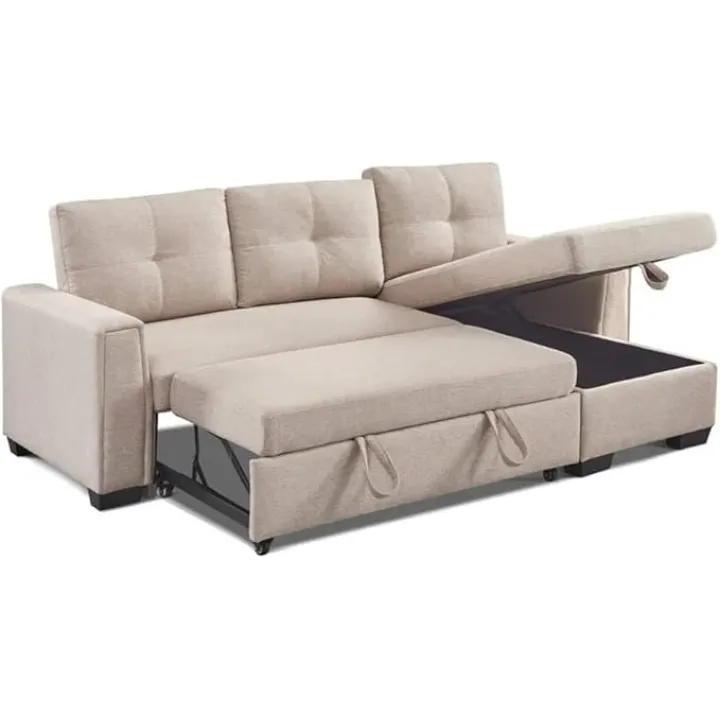 91.7” Pull-Out Sleeper Bed, L-Shape 3-Seater Modular Fabric Convertible Reversible Sleeper Sectional Sofa Couch
