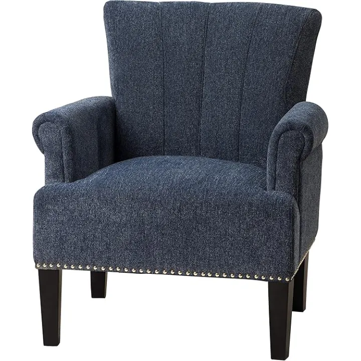 Living Room Chairs Accent Chair, Modern Rivet Tufted Polyester Armchair, Upholstered Comfy Single Sofa Club Chair with Roll Armrest and Wooden Legs for Living Room Bedroom Office Studio (Navy-Blue)