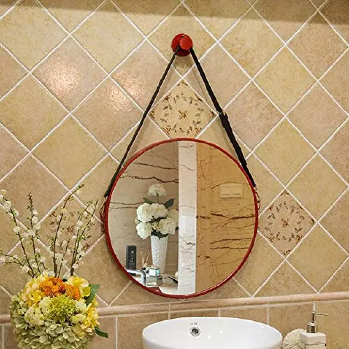 Bathroom Mirrors Vanity Mirror Metal Frame Wall Mounted with Adjustable Faux Leather Strap Wall Mirror for Bedroom Hallway 314I (Size : 50cm) (60cm)