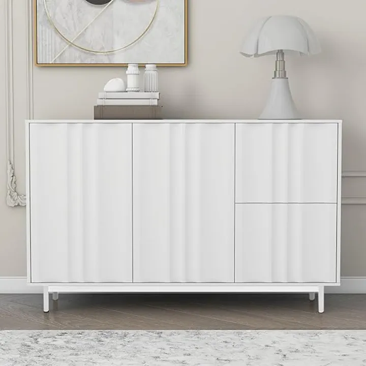 Knocbel Modern Storage Cabinets Buffet Sideboard with 2 Drawers and Adjustable Shelf, 47" Entrance Hallway Foyer Console Table Cupboard Coffee Bar Cabinet with Metal Legs (White)