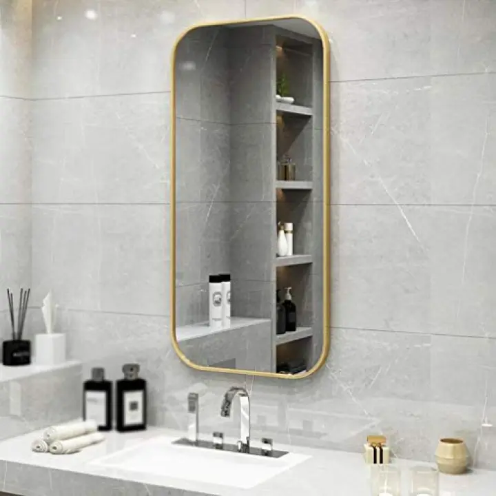Rectangle Wall-Mounted Nordic Hanging Mirror Bathroom Full Body Mirror Wall Hanging Decoration for Bathroom Makeup Dressing and Living Room (Gold 50 * 70cm)