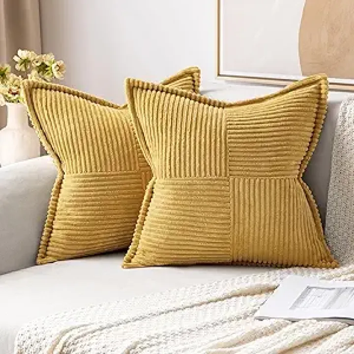 MIULEE Gold Corduroy Pillow Covers 18x18 Inch with Splicing Set of 2 Soft Boho Striped Pillow Covers Broadside Decorative Textured Summer Pillowcases for Couch Cushion Bed Livingroom