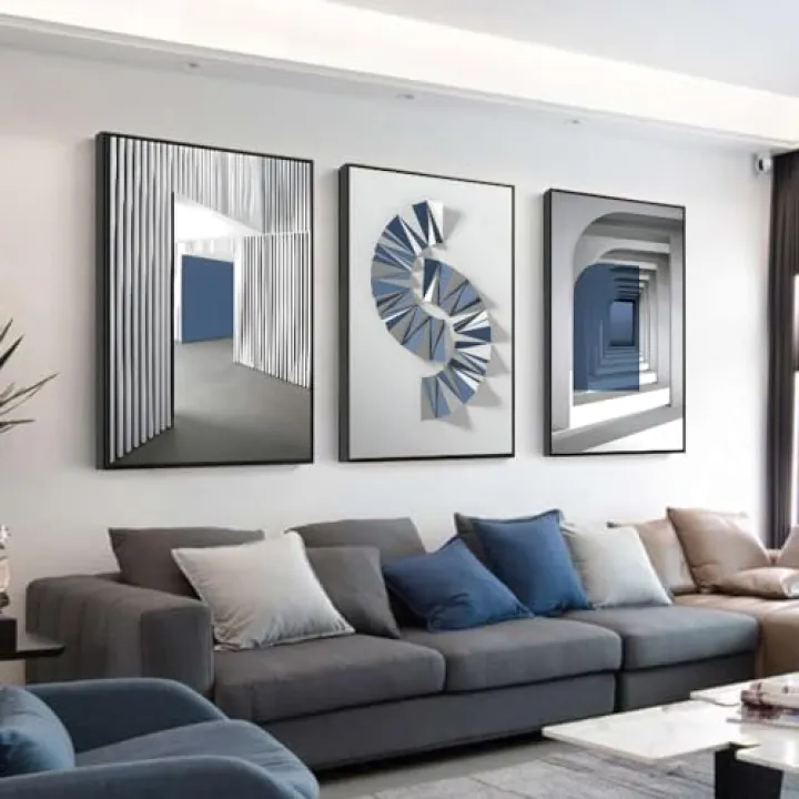 ARTFEB Blue Canavs Wall Art for Living Room 3 Pieces Abstract Blue and White Painting Canvas Print Framed Artwork Set for Bedroom Navy Blue Wall Decor(24" X 32" X 3 pieces)