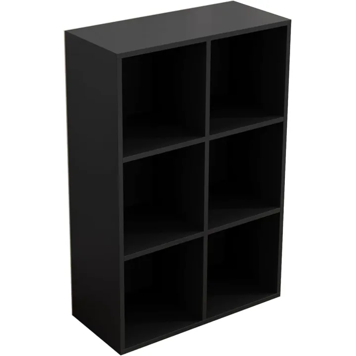 6-Cube Storage Shelf Bookcase - Wooden 3-Tier Floor Standing Open Bookshelf for Home and Office, Display Cabinet, Black