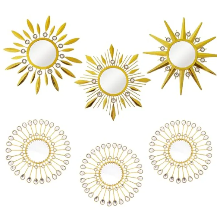 Manortang Golden Mirrors Wall Decor, Set of 6, Metal Mirror Hanging Decor, Small Mirror for Wall Decorations, Home Wall Decor for Bathroom, Wall-Mounted Mirrors of Decorations for Living Room