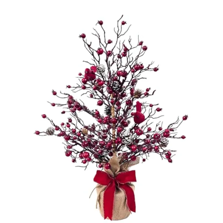 Svndlyn Lighted Red Berries Tree Table Decoration Christmas Tree with Berries,Red Cardinal Bird and Silk Bow for Tabletop Centerpiece Christmas Decorations Holiday Party