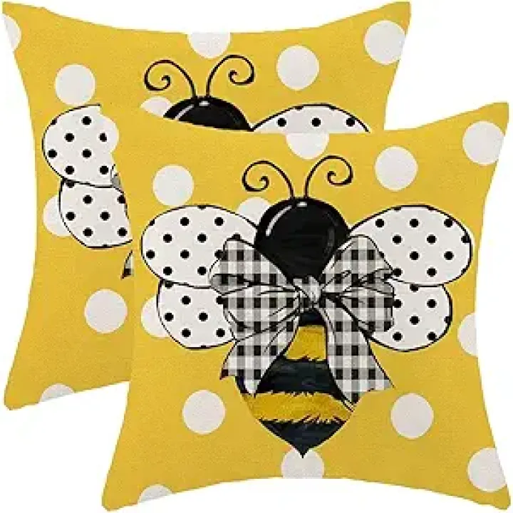 Yellow Bee Pillow Covers 20x20 Set of 2 Polka Dots Outdoor Decorative Throw Pillow Covers Summer Farmhouse Seasonal Linen Cushion Case for Home Sofa Couch Outdoor Decor
