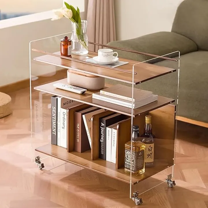 Modern Acrylic End Table with Wheels, 3-Tier Sofa Side Table Coffee Table with Bamboo Storage Shelf Snack Table for Living Room Bedroom