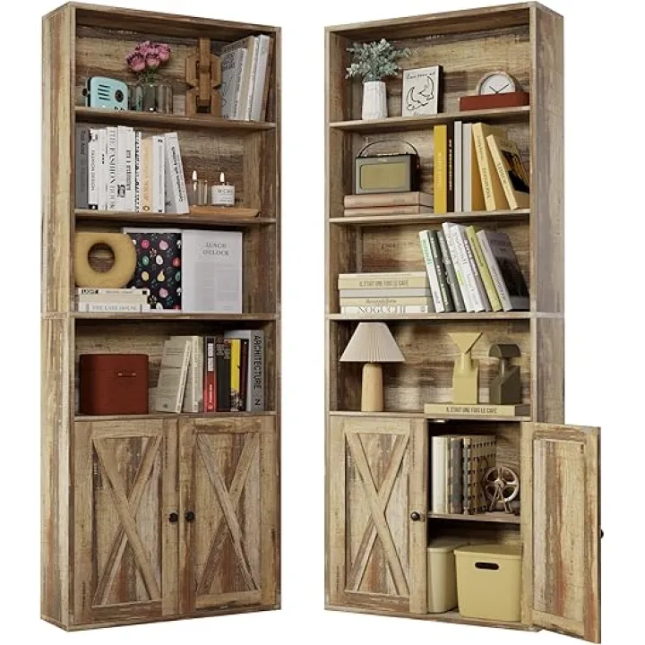 IRONCK Industrial Bookshelves and Bookcases with Doors Set of 2 Floor Standing 6 Shelf Display Storage Shelves 70 in Tall Bookcase for Home Office, Living Room