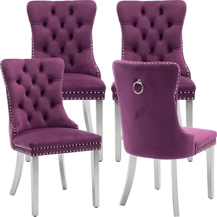 Velvet Dining Chairs Set of 4, Violet Kitchen & Dining Room Chairs, Nailheads Tufted Chair, Sillas De Comedor, Fabric Upholstered, Silver Chrome Metal Legs (Purple, 4 Pcs)