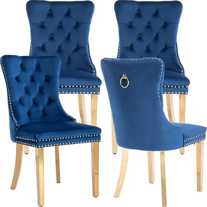 Velvet Dining Chairs Set of 4, Navy Kitchen & Dining Room Chairs, Nailheads Tufted Chair, Sillas De Comedor, Fabric Upholstered, Golden Metal Legs (Blue, 4 Pcs)
