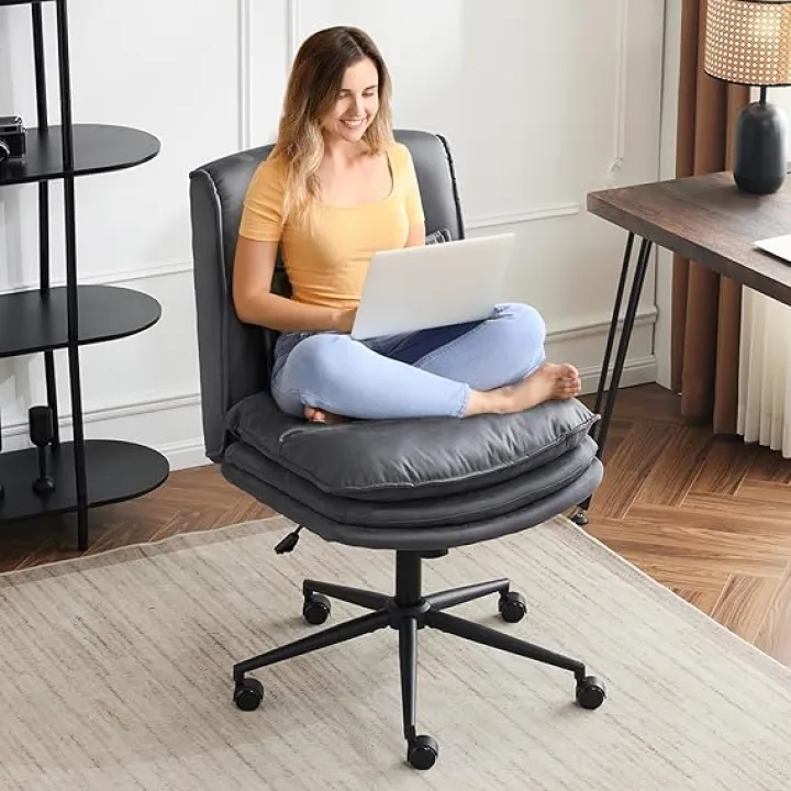 VINGLI Cloud Criss Cross Legged Chair,18" High Back Armless Home Office Desk Chair with Wheels,Wide Adjustable Comfy Padded Seat Task Computer Chair,Modern Swivel Makeup Vanity Chair,Microfiber,Beige