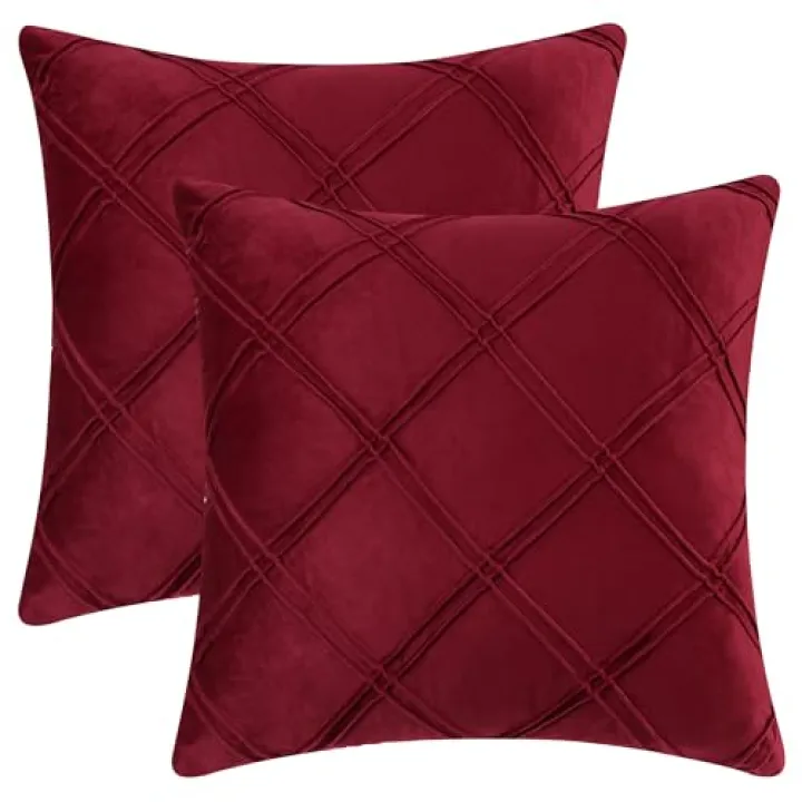 uxcell Diamond Pinch Pleated Throw Pillow Covers 2 Pack Solid Color Sofa Decorative Pillow Covers Luxury Textured Pillowcases for Home Decor 18 x 18 Inch Red