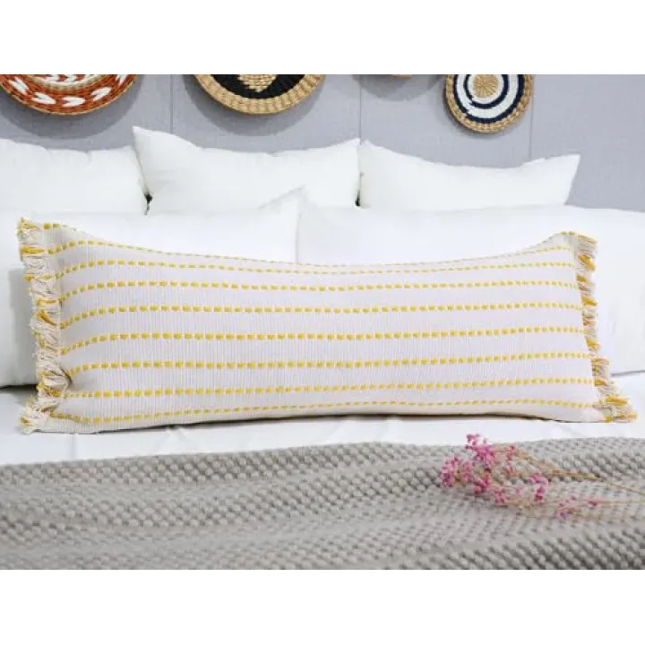 DRNOU Decorative Farmhouse Extra Long Lumbar Throw Pillow Cover 12 x 36,Clasic Striped Textured Cotton Boho Long Body Pillow Cover Pillow Case for Sofa Couch Bed,Yellow and Off White