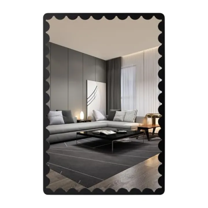 Varsoul 24x36 Black Wavy Rectangle Wall Mounted Vanity Mirror Metal Wave Framed Bathroom Mirror, Vertical and Horizontal Hanging for Living Room Bedroom Entryway