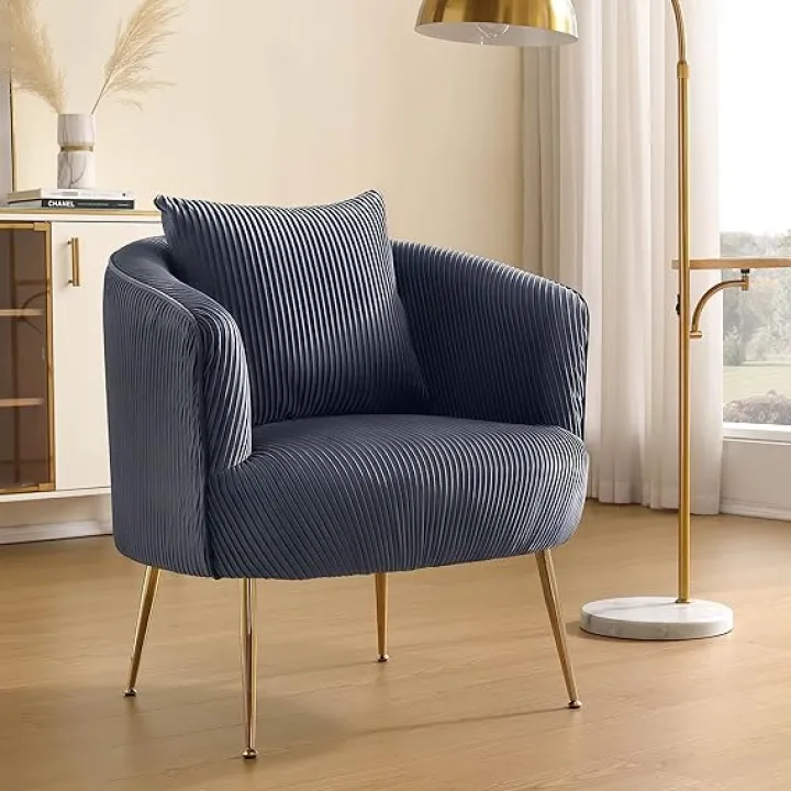 Zouron Comfy Accent Chair, Velvet Single Sofa Chair with Gold Legs, Modern Arm Chair for Living Room, Upholstered Barrel Chair for Bedroom Study Home Office, Gray,1Pcs