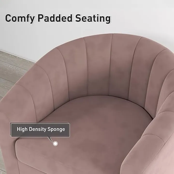 Bonzy Home Swivel Barrel Chair, Modern Velvet Swivel Accent Chair with Channel Tufting, Soft Upholstered Armchair for Living Room Bedroom, Grey Pink