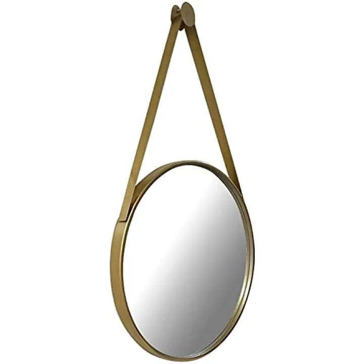 Contemporary Hanging Wall Mirror with Chain/Strap | Black Metal Framed | Round Bathroom Mirror Wall Mounted | Decorative Mirror for Home Bedroom Washroom Hallway Fireplac