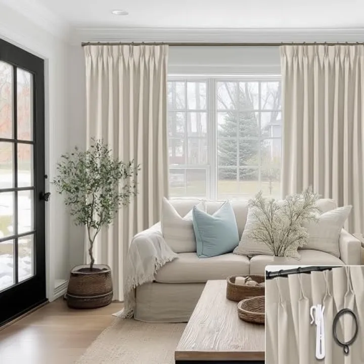SHINELAND Farmhouse Curtains Blackout for Living Room,Extra Long Pinch Pleated Linen Custom Curtains for Windows Living Room 108 Inches Long,Cream Beige