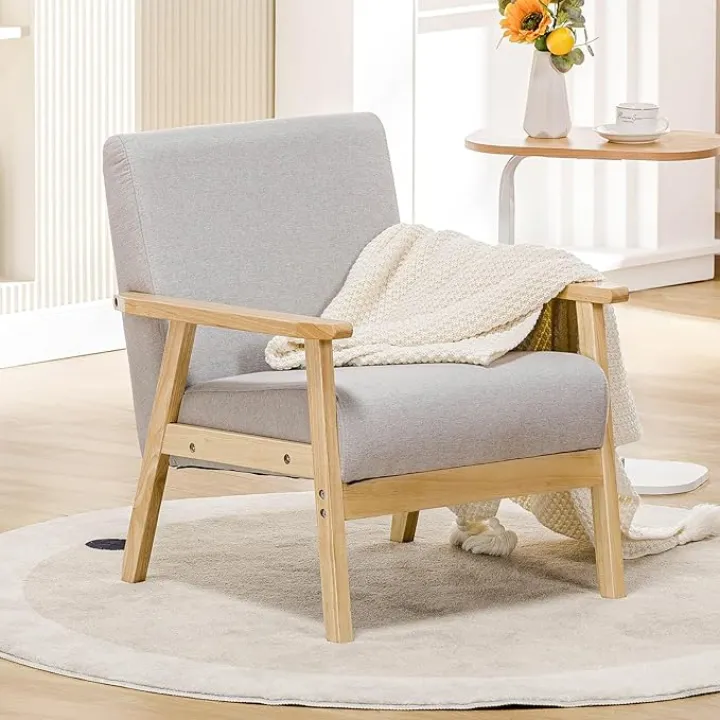 COMHOMA Mid Century Modern Accent Chair, Upholstered Living Room Chairs with Solid Wood Armrest, Comfy Reading Armchair for Bedroom, Sunroom, Balcony (Straight Armrests, Grey)