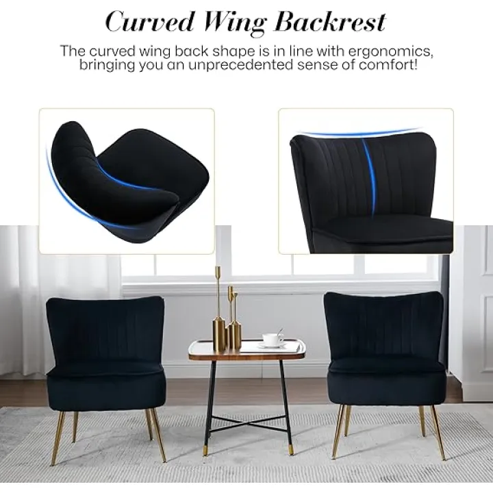 Velvet Accent Chair Set of 2, Comfy Upholstered Side Chair with Gold Metal Legs and Padded Seat, Modern Small Corner Armless Living Room Chairs with Wing Back, Black