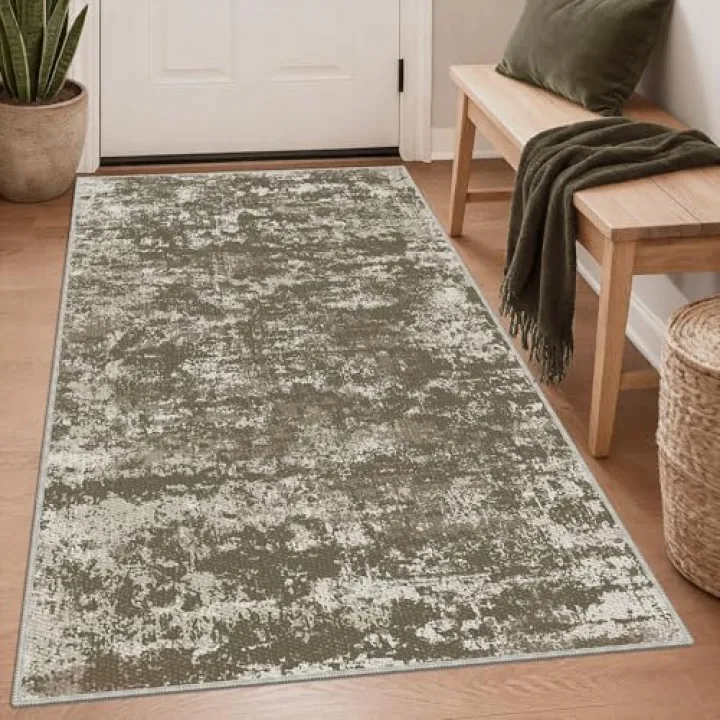 TTelephant 3x5 Area Rug Washable Entryway Rug Non Slip Abstract High-Stain Resistance No Pile Lightweight High-Stain Resistance Throw Rugs Carpet for Kitchen, Entrance, Foyer, Bedside, Mudroom, Brown